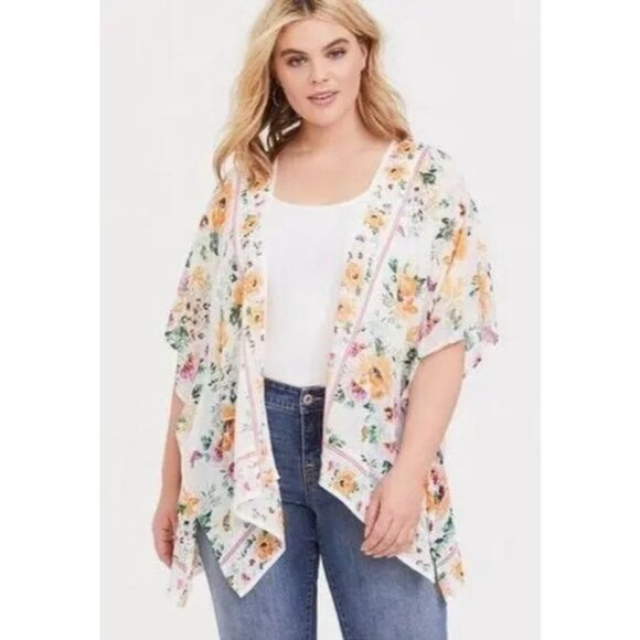 Torrid Womens Plus 14-18 White Floral Butterfly Chiffon Longline Kimono - Picture 1 of 10